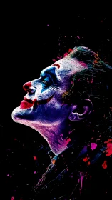 Side profile clown portrait in bold neon paint splatters.