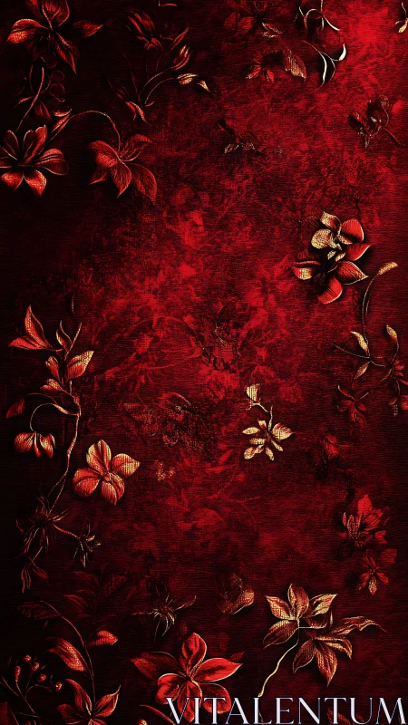 Red floral illustration shows stylized flowers on textured field