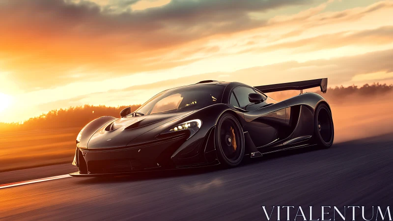 Midnight black supercar gliding through a glowing sunset.