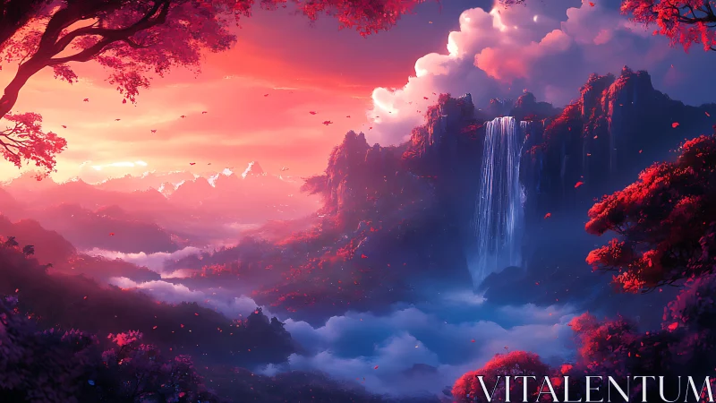 Sunset cascade over dream-tinted valley of drifting clouds.