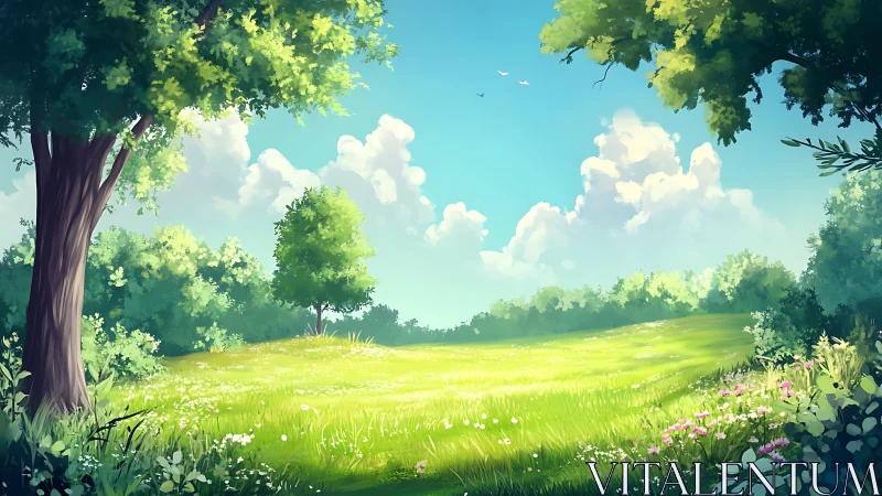 Sunlit grassy clearing bordered by trees and cloud cover.