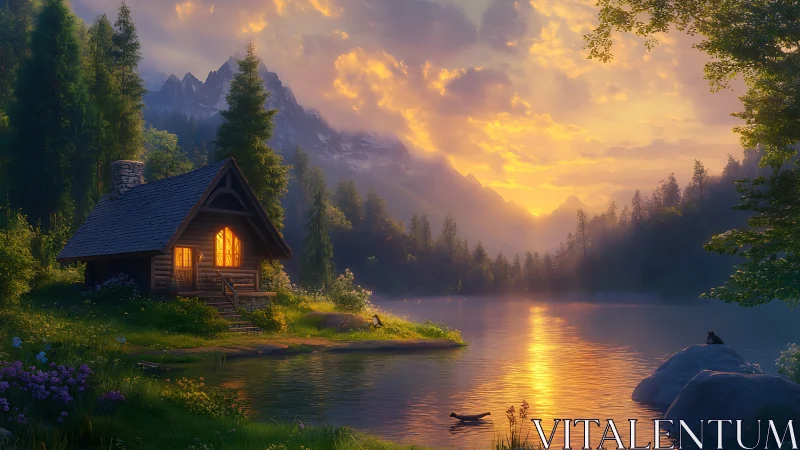 Lakeside log cabin glows warmly beneath a golden sunset.