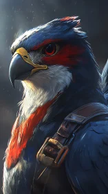 Digital portrait depicts armored raptor bird in profile view