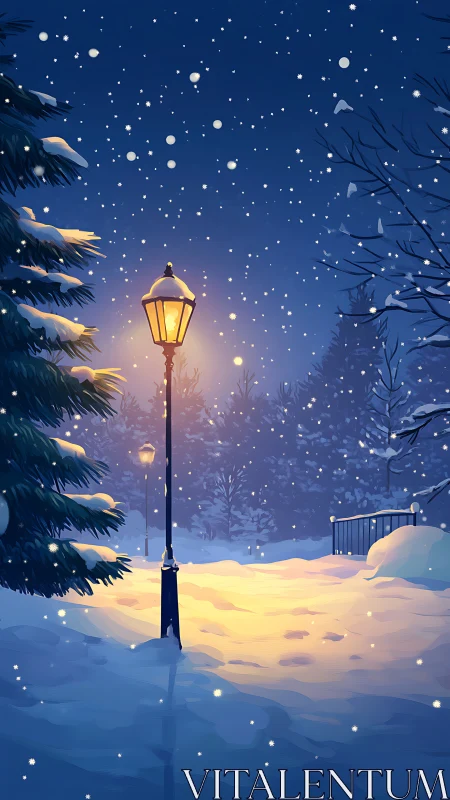 Snow-covered park pathway is illuminated by lamppost light