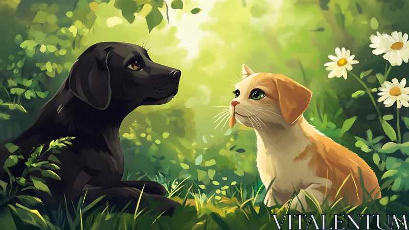 Black Dog and Orange Cat in Natural Garden Setting.