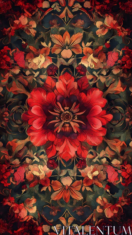 Ornate red floral mandala pattern in watercolor style.