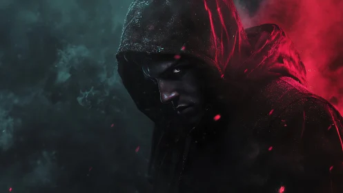Brooding hooded figure in swirling red and teal shadows.