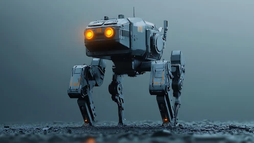 Quadruped robotic unit stands on textured ground surface