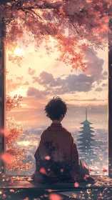 Twilight meditation beneath drifting cherry blossoms in Kyoto.