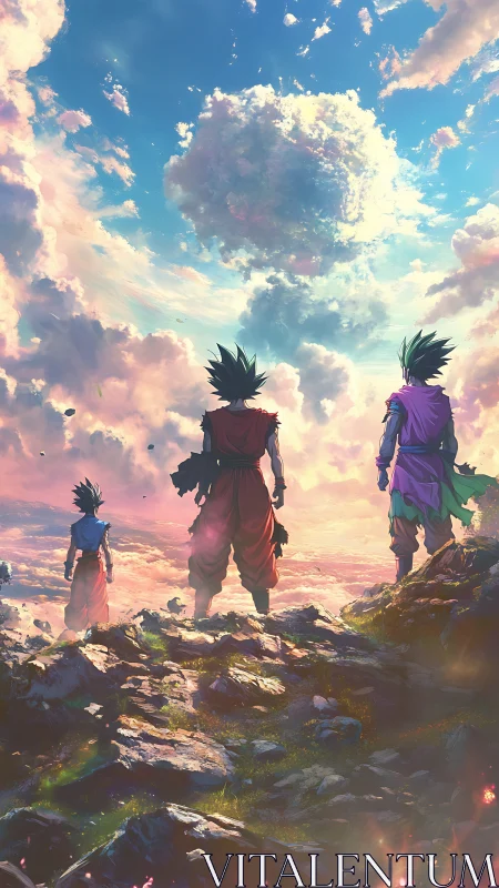 Three anime warriors survey luminous cloudscape horizon