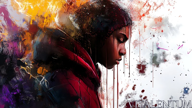 Side profile portrait amid dense abstract paint textures.