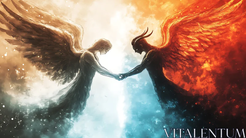 Bilateral angel demon dyad rendered in high contrast elemental color fields