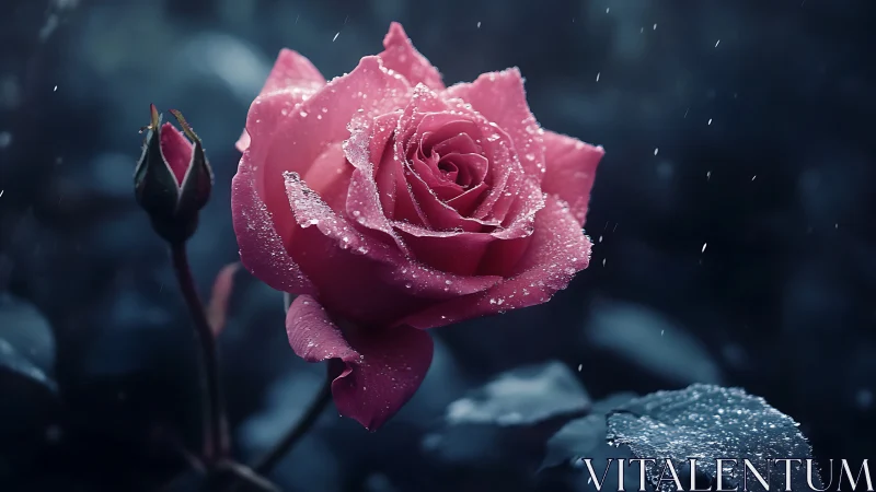 Rainsoaked Magenta Rose Blooms in Twilight Storm.