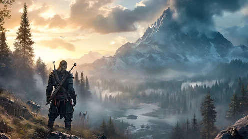 Sword-bearing wanderer studies a mist-laced mountain frontier