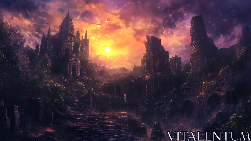 Luminous sundown over decayed gothic citadel architecture.
