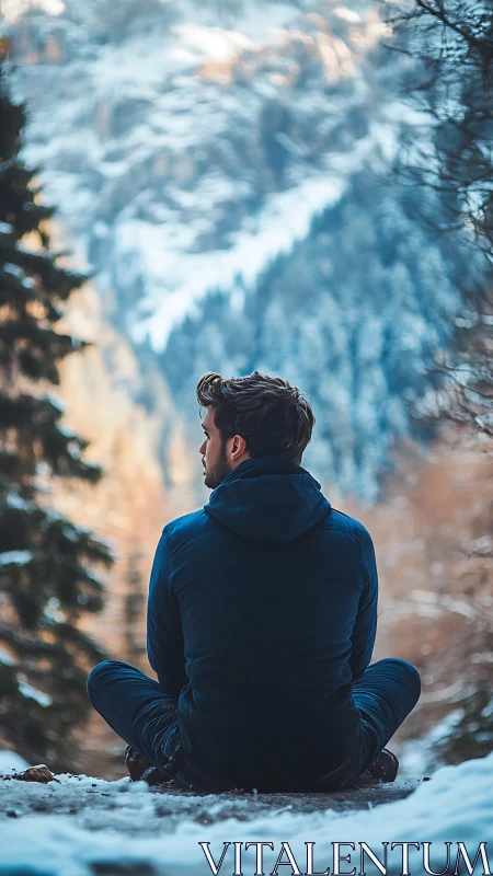 Seated person in winter clothing on snowy mountain ledge.