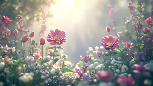 Flowering garden with pink gerbera daisies and small blooms in diffused light