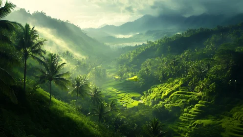 Lush terraced valley landscape in cinematic digital painting.
