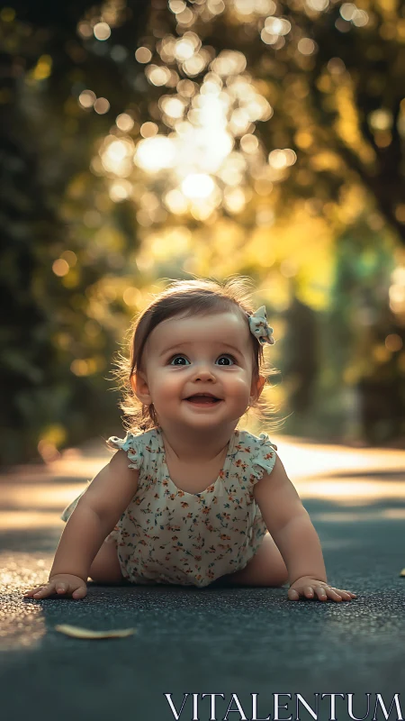 Joyful Toddler Crawling Through Golden Bokeh Light.