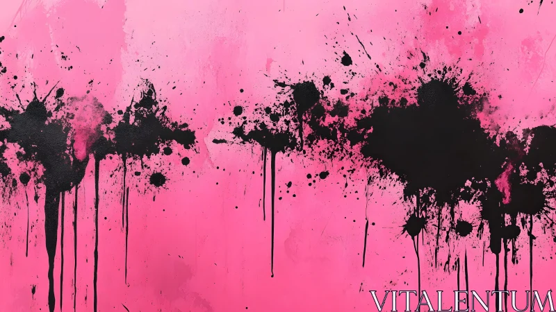 Abstract black ink splatter on pink background, modern art style.