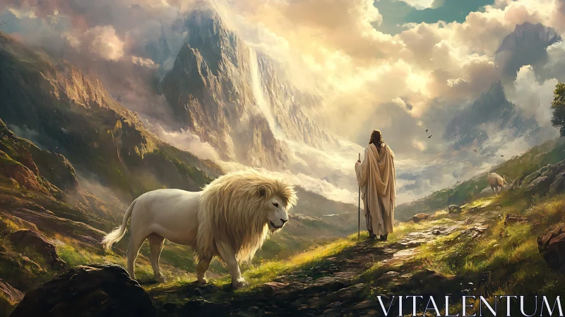 White lion and robed wanderer on luminous alpine path