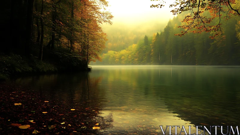 Misty forest lake with autumn foliage, low contrast atmospheric depth