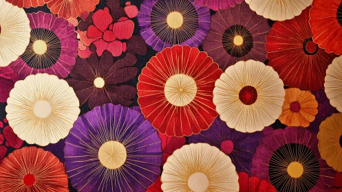 Radiant floral textile pattern with gold accents on crimson field.