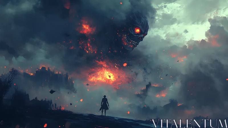 Storm-forged titan glares down as a lone wanderer advances