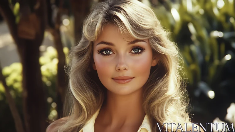 Sunlit portrait of blonde woman with softly glowing bokeh garden.