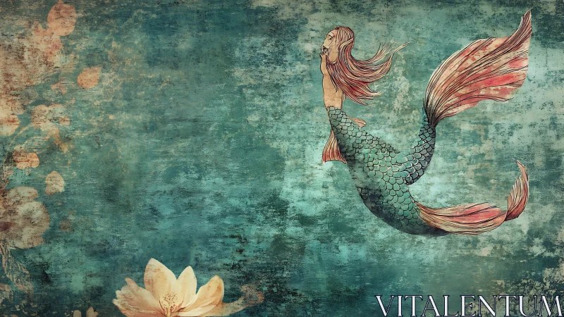 Mermaid illustration moves laterally across textured teal field