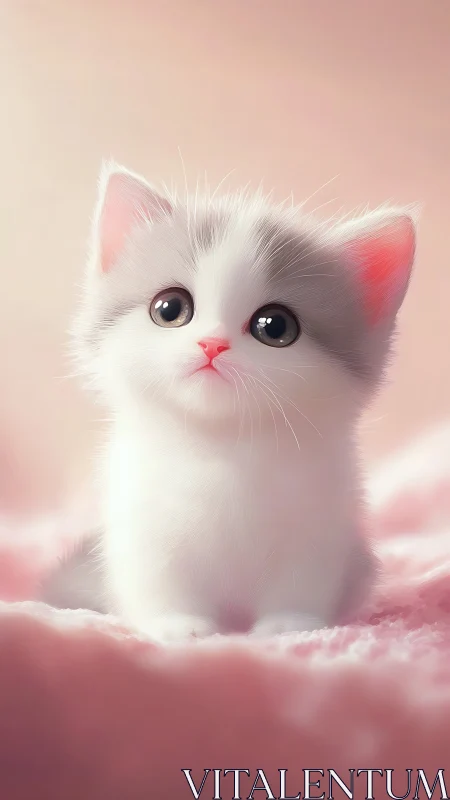Porcelain Kitten in Soft Pink Dreamscape: Digital Illustration