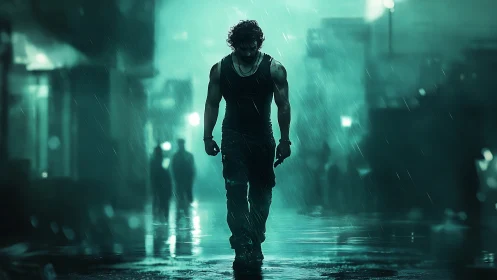 Rain-soaked lone walker haunting a neon-drowned alleyway.