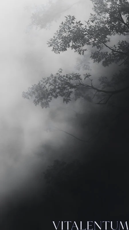 Silhouetted tree canopy dissolves into graded atmospheric fog