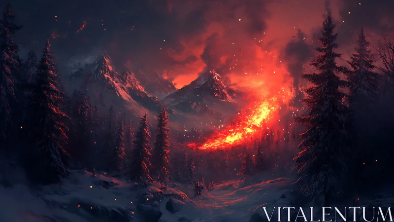 Alpine volcanic eruption with molten lava and snow-covered forest landscape.