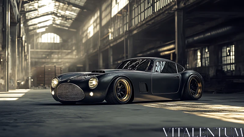 Low-slung retro beast brooding in a sun-dusted factory.