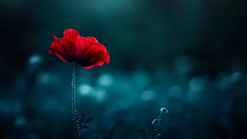 Solitary scarlet poppy against deep teal bokeh field.