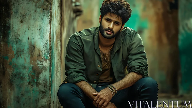 Shallow-depth portrait of seated man in textured urban alleyway