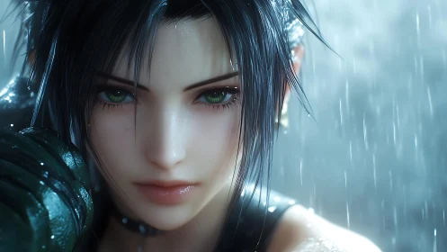 Digital painting close-up portrait under cinematic rainstorm.