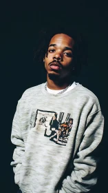 Moody portrait highlights streetwear sweatshirt graphic.