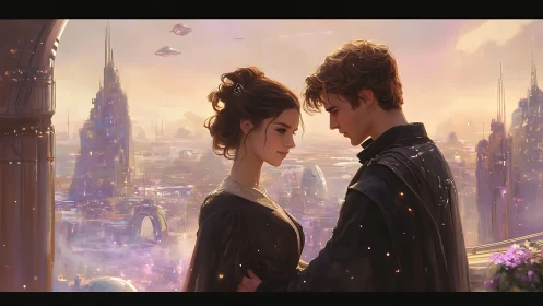 Two Figures Meet Across Futuristic City Skyline