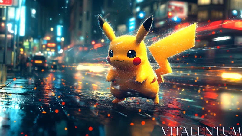 Electric creature stands on wet city street at night