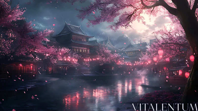 Twilight sakura harbor framing misty traditional temples.
