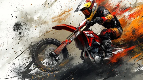 Dynamic motocross rider on red dirt bike in abstract spray