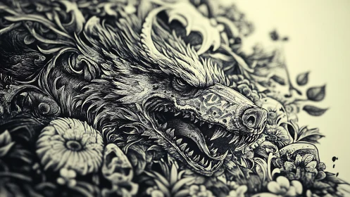 Wild wolf illustration blooms from swirling forest flowers