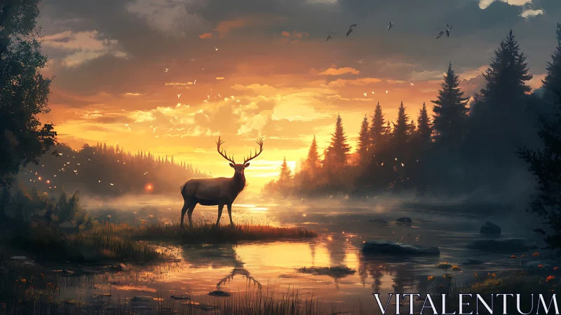 Stag of the misted river basking in molten sunrise glow.