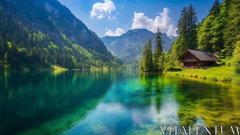 Mountain lake cabin rests beside crystal clear emerald waters