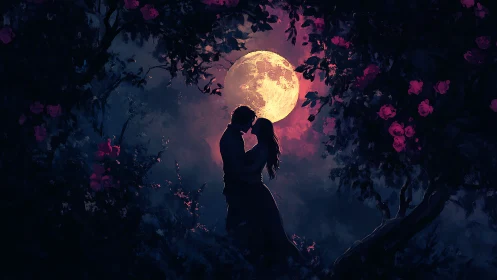 Moonlit Silhouette: Romantic Couple Under Full Moon.
