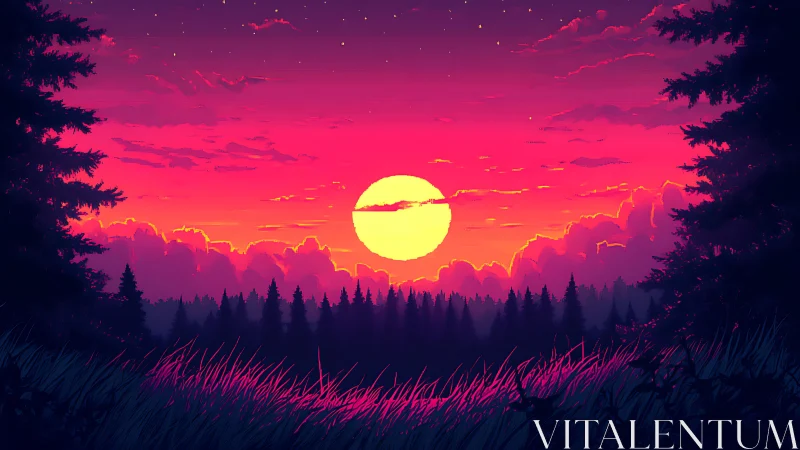 Vibrant digital sunset above forest treeline with tall grass.
