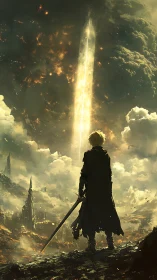 Lone swordsman watches radiant pillar split stormed sky