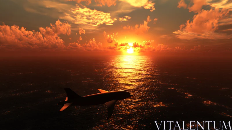 Sunbound jet gliding across a molten brass ocean sky.